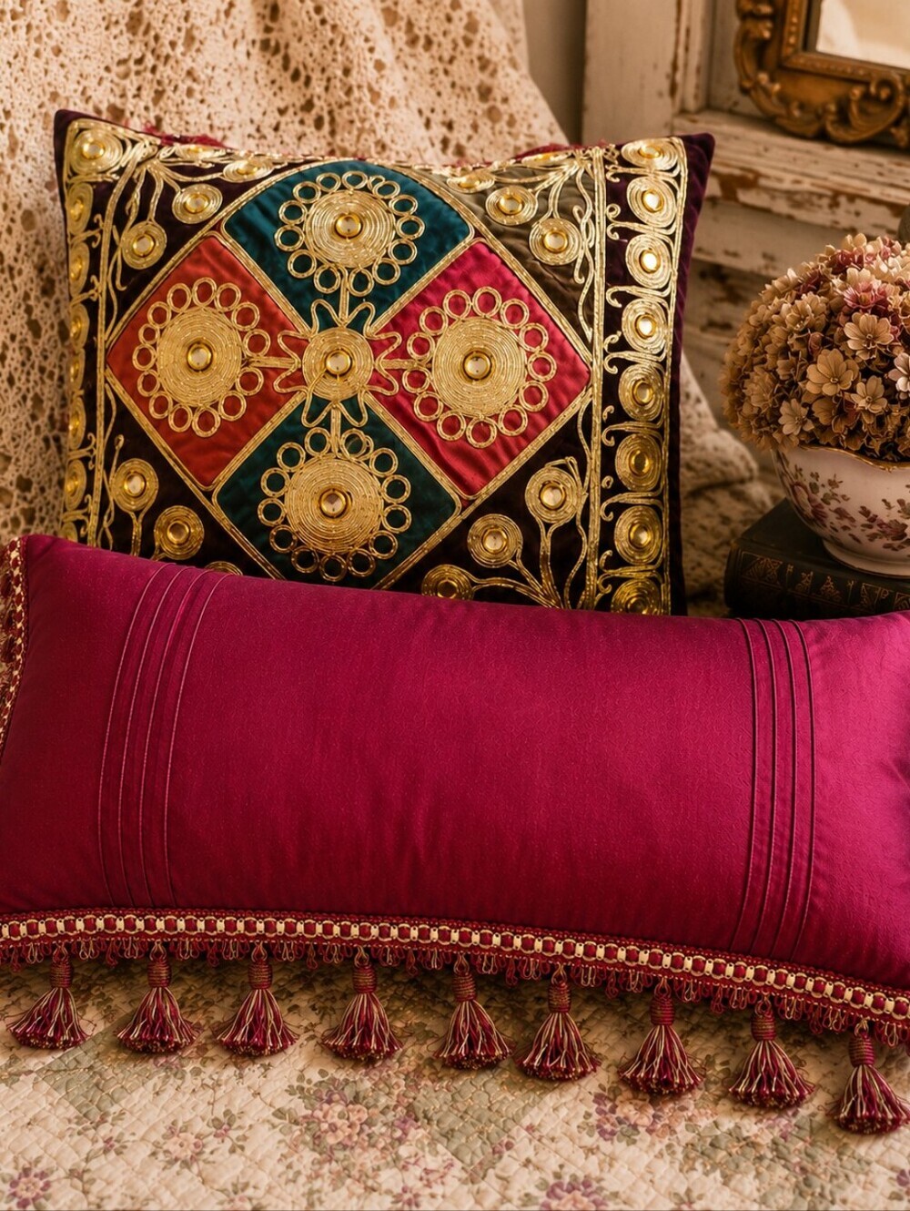 Vintage Boho Accent Pillows Set Tassel & Embroidered